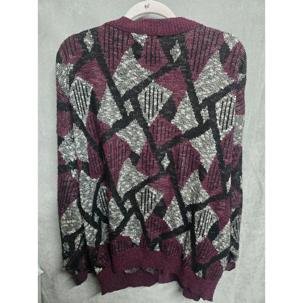 Le Tigre Vintage Mens Big Man Geometric Cardigan Sweater Burgundy Black 1X USA